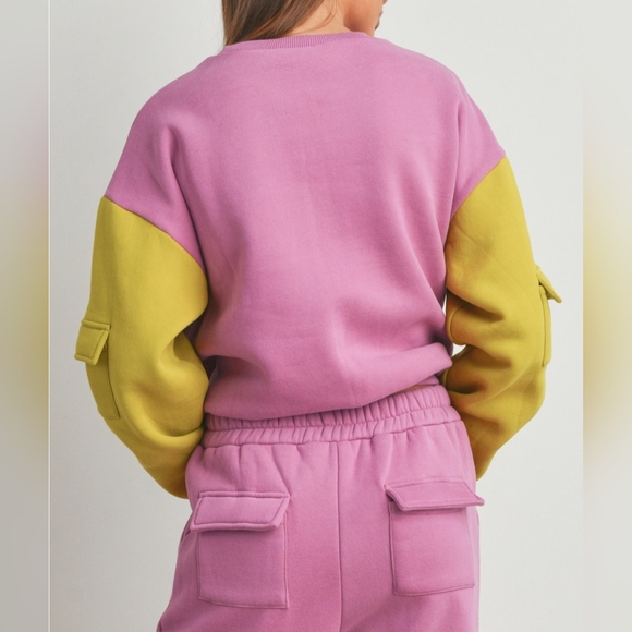 #058B 🛑S NEW! CHIC TRENDY Patched Pocket Sleeve Contrast Sweatshirts - Picture 6 of 12